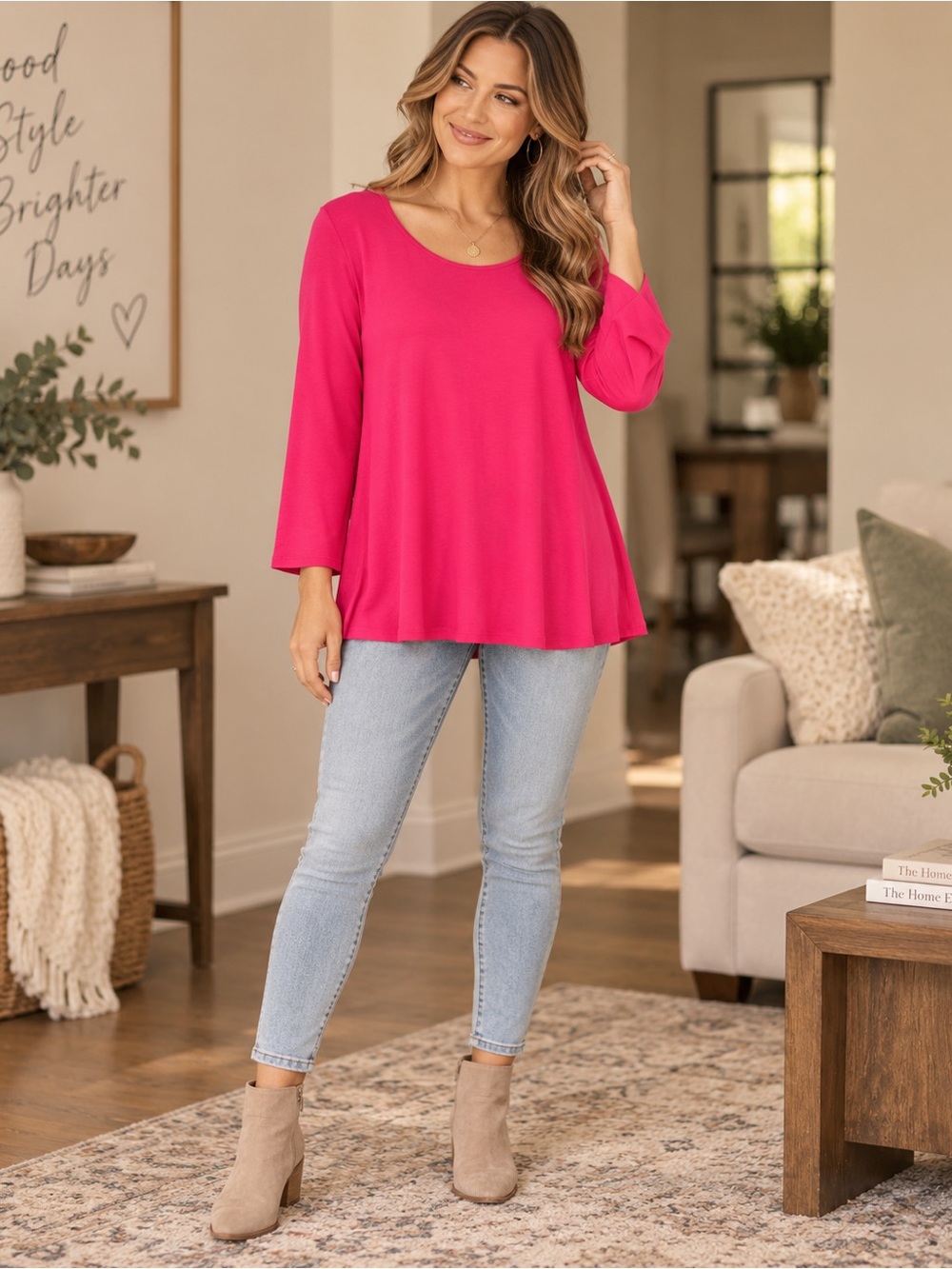 Chico's Scoop-Neck Tunic Top in Bright Pink Size 3/XL Supima Cotton Classy